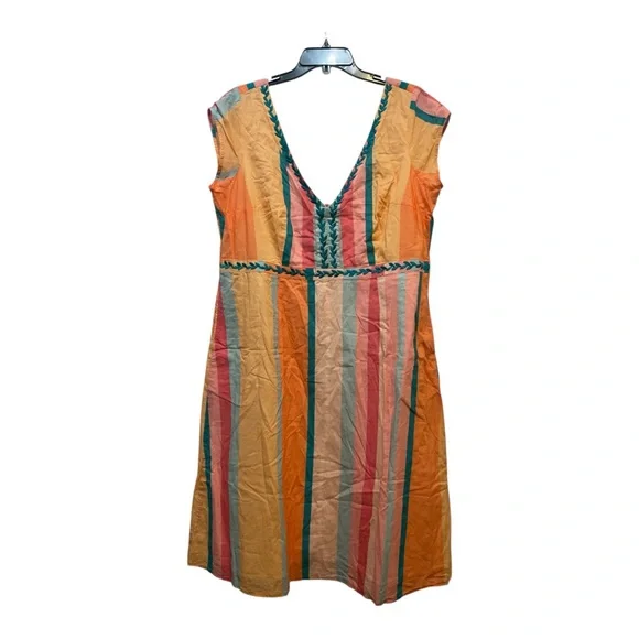 eshakti Plus Size 2X Leaf Embroidery Stripe Print Cotton Voile A-Line Dress - Picture 1 of 8